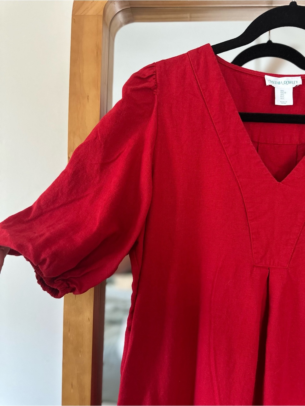Relaxed Tunic Red V-Neck Puff Sleeve Dress Linen Blend Vacation Wear size Large - Picture 6 of 11